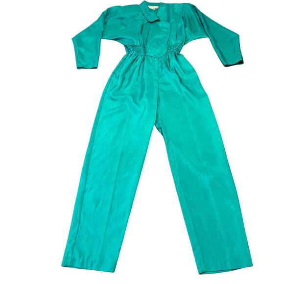 Vintage Joan Walters Lightweight Teal Green Jumpsuit W Shoulder pads Size 6 / XS - Picture 1 of 11